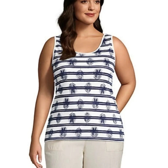 New Lands End Interlock Cotton Tank Top Size 1X Blue Palm Stripe - Picture 1 of 9